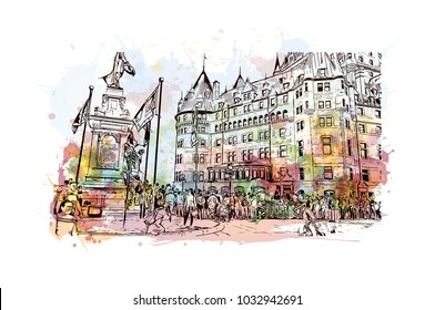 Quebec, Canadian Province in eastern Canada. Watercolor splash with Hand drawn sketch illustration in vector.