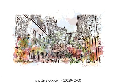 Quebec, Canadian Province in eastern Canada. Watercolor splash with Hand drawn sketch illustration in vector.