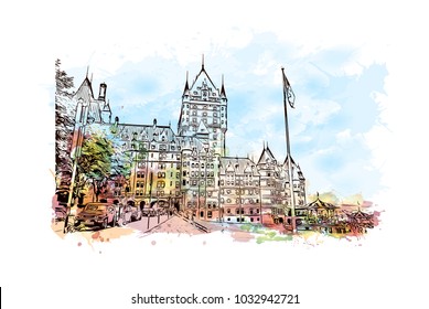 Quebec, Canadian Province in eastern Canada. Watercolor splash with Hand drawn sketch illustration in vector.