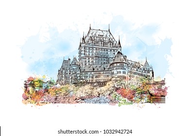 Quebec, Canadian Province in eastern Canada. Watercolor splash with Hand drawn sketch illustration in vector.