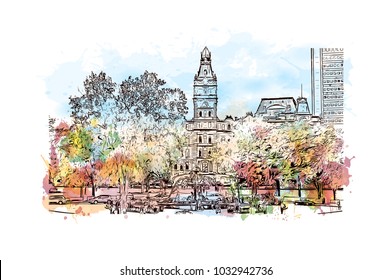 Quebec, Canadian Province in eastern Canada. Watercolor splash with Hand drawn sketch illustration in vector.