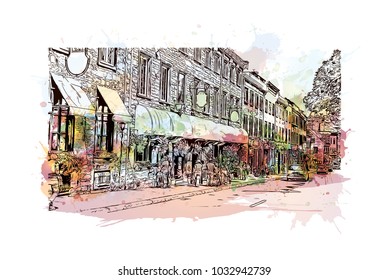 Quebec, Canadian Province in eastern Canada. Watercolor splash with Hand drawn sketch illustration in vector.