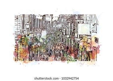 Quebec, Canadian Province in eastern Canada. Watercolor splash with Hand drawn sketch illustration in vector.