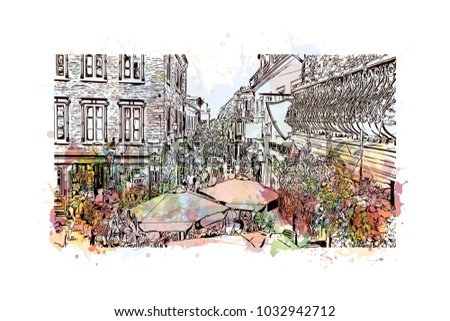 Quebec, Canadian Province in eastern Canada. Watercolor splash with Hand drawn sketch illustration in vector.