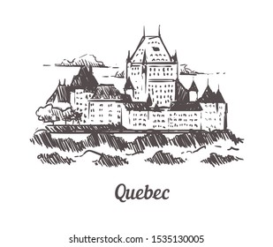 Quebec Chateau Frontenac sketch. Quebec hand drawn illustration isolated on white background.