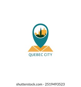 Quebec city map pin point geolocation modern skyline vector logo icon isolated illustration. Canada pointer emblem with landmarks and building silhouettes