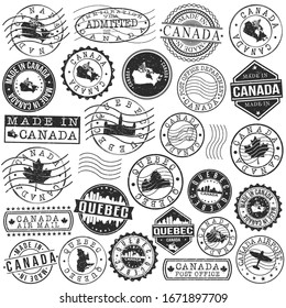Ciudad de Quebec, QC, Canada Set of Stamp. Diseño de viaje de pasaportes postales de arte vectorial. Sellos de viaje y negocios.