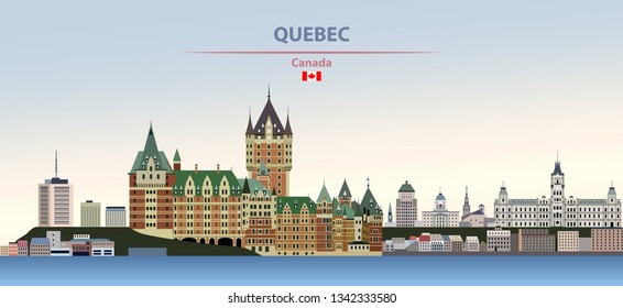Quebec city skyline on colorful gradient beautiful day sky background with flag of Canada. Vector illustration