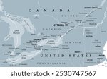 Quebec City Windsor Corridor, gray political map. Most densely populated and heavily industrialized region of Canada. The region extends between Quebec City in the northeast and Windsor, Ontario.