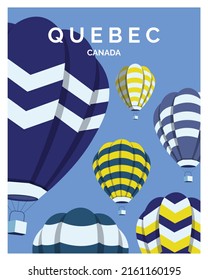 quebec with colorful hot air balloon. travel to quebec canada. vector illustration for background, poster, postcard. 