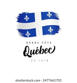 Día de Quebec saludos creativos, la traducción es - Felices vacaciones Quebec. Logotipo de bandera moderna con máscara de recorte de pincel. Diseño 3D. Plantilla gráfica de camiseta. Icono de regalo. Concepto de Anuncio publicitario.