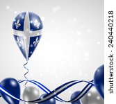 Quebec flag on balloon. Celebration and gifts. Ribbon in the colors are twisted. Balloons on the feast of the national day. 