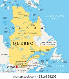 Quebec, largest province in the eastern part of Canada, political map. Largest province, located in Central Canada, with capital Quebec City and largest city Montreal, along the St. Lawrence River.