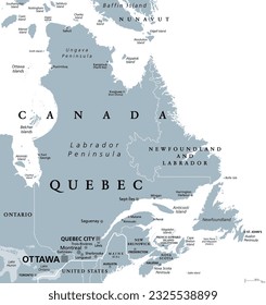 Quebec, largest province in the eastern part of Canada, gray political map. Largest province, located in Central Canada, with capital Quebec City and largest city Montreal, along St. Lawrence River.