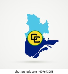 Quebec map in Caribbean Community flag colors, editable vector.