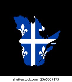 Quebec map flag vector silhouette illustration isolated on black. Province of Canada symbol. Quebec banner emblem. Quebec flag.