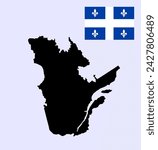 Quebec map vector silhouette illustration. Province of Canada symbol. Quebec banner emblem. Quebec flag.