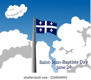 Quebec National Day Vektorbanner-Designvorlage mit der Flagge der Provinz Quebec und Text auf Himmelshintergrund.Übersetzung auf Französisch: Fröhlicher Quebec-Tag!Saint Jean Baptist.24. Juni.