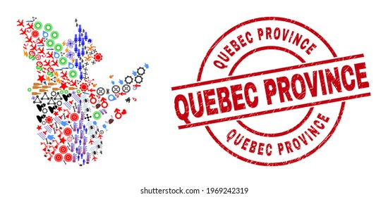 Collage de mapas de la provincia de Quebec y placa roja redonda de la provincia de Quebec. La insignia de la provincia de Quebec utiliza líneas vectoriales y arcos. El mapa de mosaico de la provincia de Quebec contiene cascos, hogares, conductores de grifo, insectos, vasos de vino,