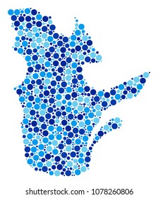 Quebec Province Map mosaic of filled circles in different sizes and blue color tones. Randomized spheric items are united into Quebec Province Map collage.