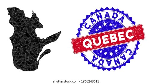 Quebec Province map polygonal mesh with filled triangles, and rubber bicolor watermark. Triangle mosaic Quebec Province map with mesh vector model, triangles have randomized sizes, and positions,