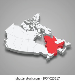 Quebec region location within Canada 3d isometric map