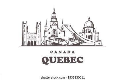 Quebec sketch skyline. Quebec, 
Canada hand drawn vector illustration. Isolated on white background. 
