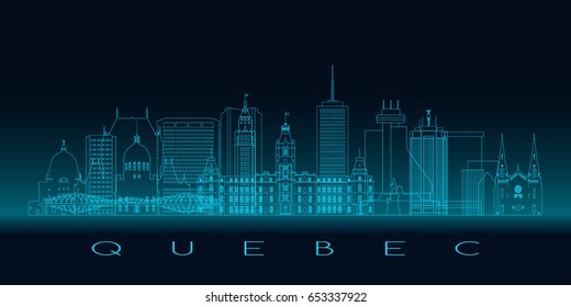 Quebec skyline, detailed silhouette. Modern vector illustration, blue linear style.