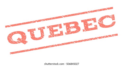 Quebec watermark stamp. Text caption between parallel lines with grunge design style. Rubber seal stamp with scratched texture. Vector salmon color ink imprint on a white background.