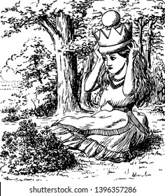Queen Alice this scene shows a little girl sitting on ground and wearing crown trees in background vintage line drawing or engraving illustration