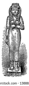 Queen Amenderdas is a Sculpture of ancient mummy, vintage line drawing or engraving illustration.