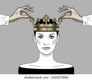 Queen. A beautiful woman in a Gold crown. The concept of leadership and success. Female hands holding a crown. Vintage engraving stylized drawing. Vector illustration. 