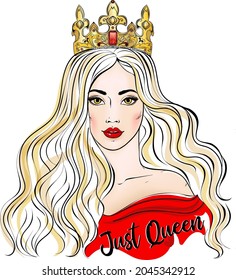 Queen. Beautiful Woman In Red Dress Wearing Crown, Vector Illustration