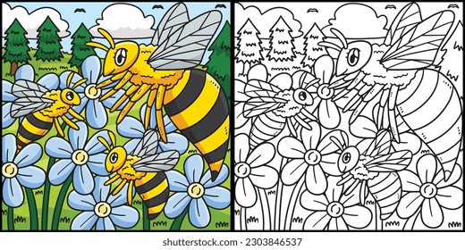 Queen Bee and Baby Bee Coloring Page Illustration