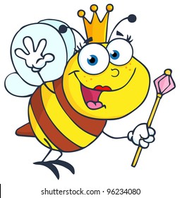 Queen Bee Cartoon Character Waving For Greeting. Vector Illustration.Jpeg version also available