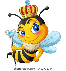 Queen Bee Cartoon With Crown. Vector Illustration