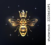 Queen bee concept with gold honeybee and crown in futuristic glowing low polygonal style on black background. Modern abstract connection design vector illustration.