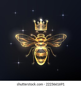 Queen bee concept with gold honeybee and crown in futuristic glowing low polygonal style on black background. Modern abstract connection design vector illustration.