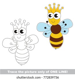 Queen Bee with Crown to be traced only of one line, the tracing educational game to preschool kids with easy game level, the colorful and colorless version.