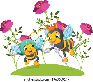 The queen of bee with the crown is helping and holding her soldier hands of illustration