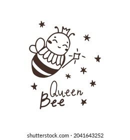 Reina Bee. Ilustración vectorial dibujada a mano ligera aislada en fondo blanco. Abeja voladora con letras y elementos de garabatos.
