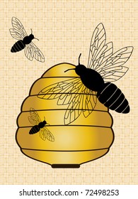 Queen bee with drones and hive - weave pattern background