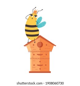 Queen bee guards sitting on the hive. Bumblebees queen guards the house. Character funny animal. Vector illustration