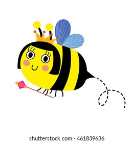 Queen Bee holding scepter animal cartoon character isolated on white background.