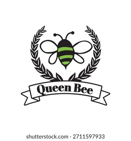 Projeto do logotipo da abelha rainha com inseto listrado na grinalda com faixa de fita adequada para produtos de marca apicultura ou ilustração do vetor do conceito de negócio do mel