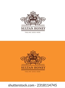 Logotipo de lujo de abejas reina Sultan miel. Modelo de diseño gráfico de miel de abeja ilustración vectorial