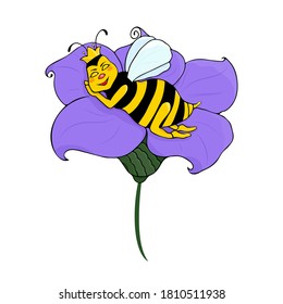 Queen bee resting in a flower. Vector illustration.