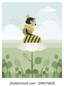 Queen bee resting on a flower in editable vector file