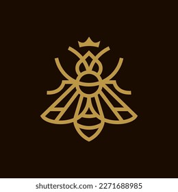 queen bee simple line icon logo vector design, modern logo pictogram design of insect animal isolated on dark background