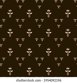 Queen bee and bee swarm. Seamless scalable pattern. Honey design for packaging, website or textiles. Brown background with gold ornaments.